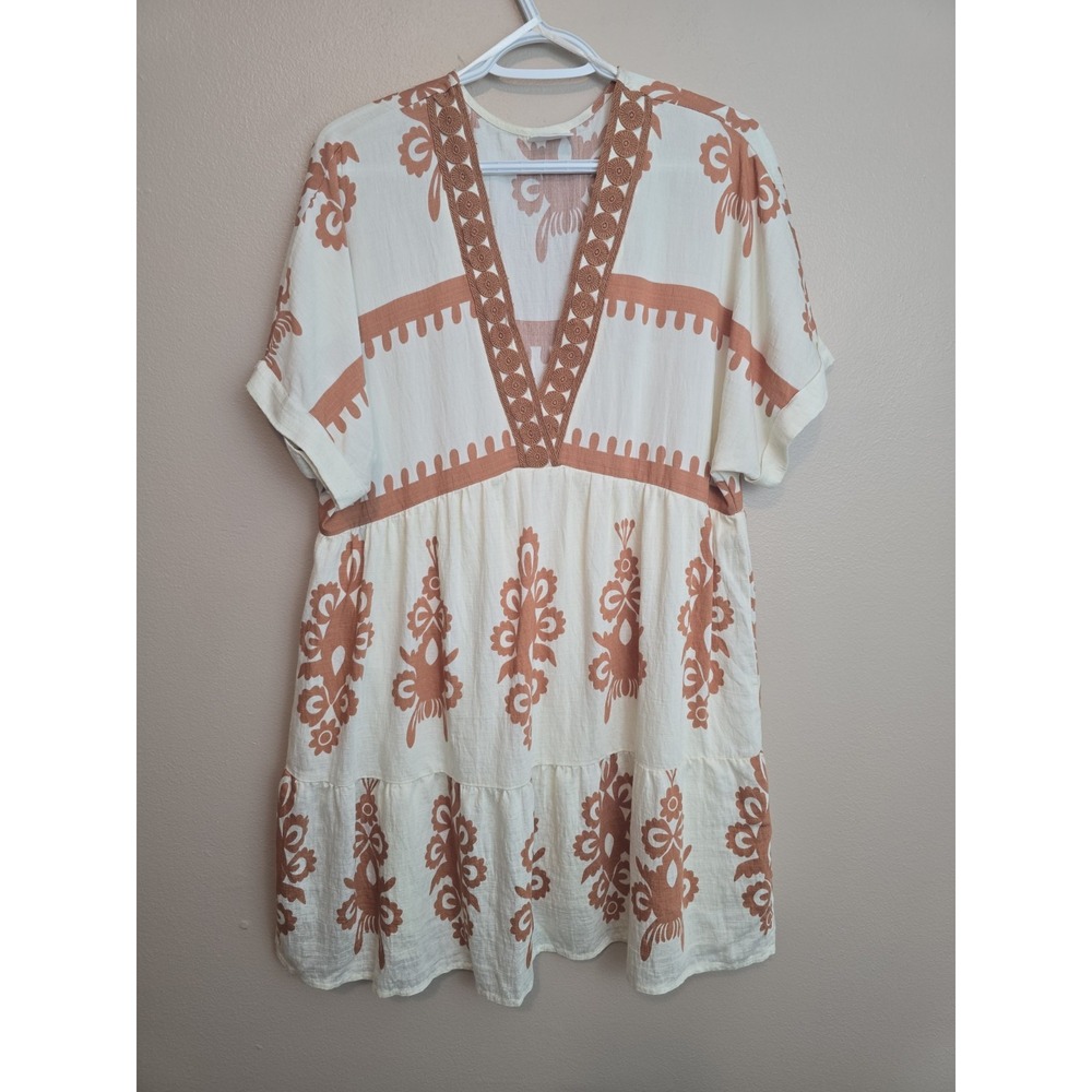 Printed V Neck Baby Doll Emprie Waist Mini Dress Size Large Boho Western